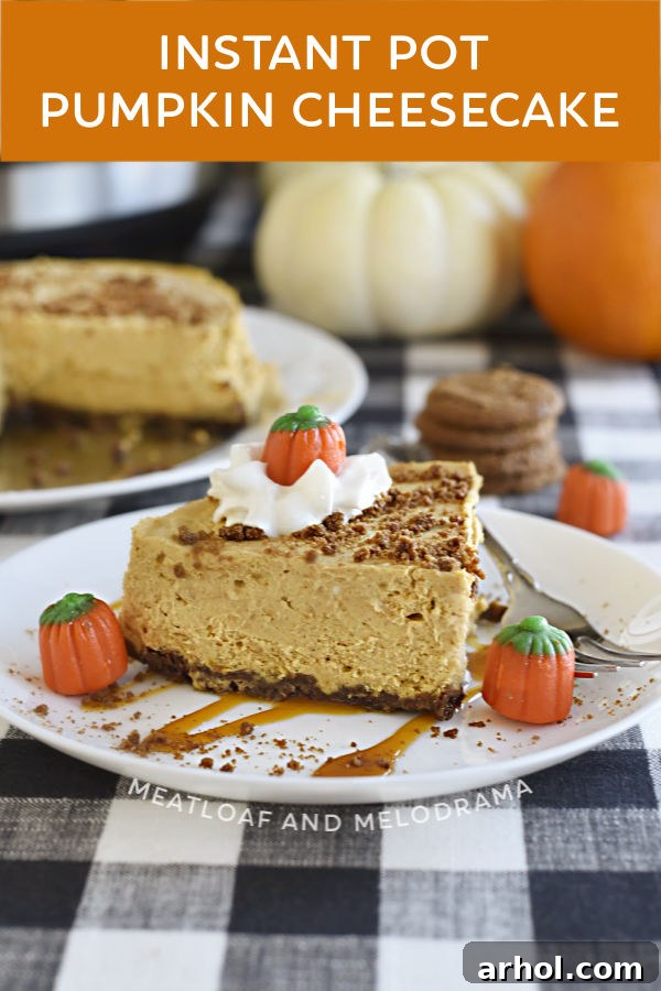 Velvety Instant Pot Pumpkin Cheesecake 8 A festive Instant Pot Pumpkin Cheesecake with gingersnap crust, prominently displayed on a Thanksgiving dining table, ready to be served.