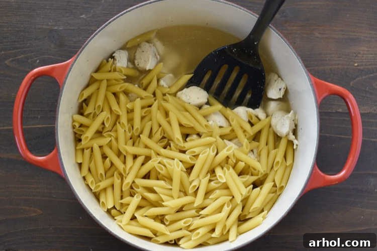 Velvety Chicken Alfredo Pasta 4 Diced chicken breasts and uncooked penne pasta simmering in a large pot