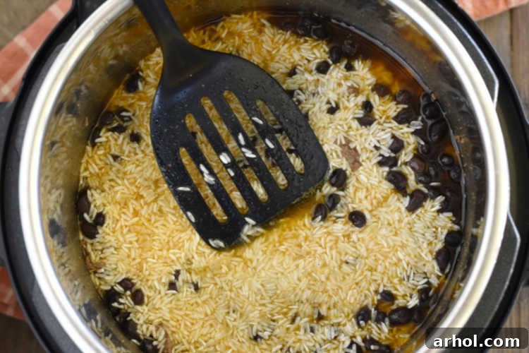 Ground beef, black beans and jasmine rice in the Instant Pot pressure cooker