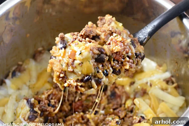 Instant Pot Mexican ground beef and rice with black beans on a spoon in the pressure cooker