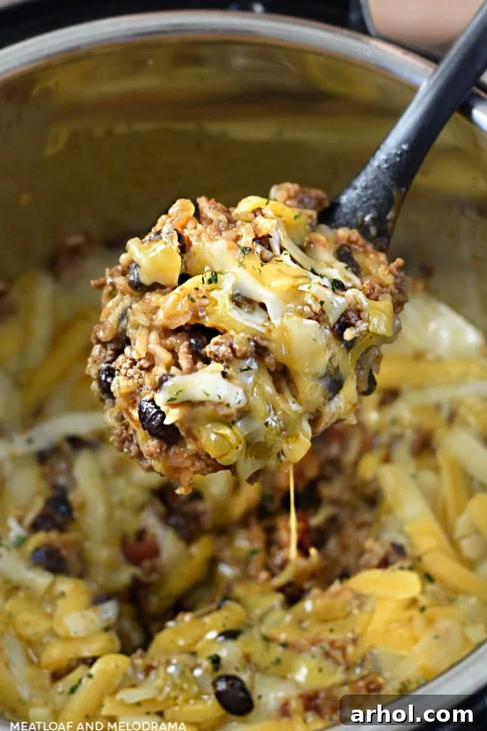 Cheesy Mexican ground beef and rice with black beans on a serving spoon in the instant pot