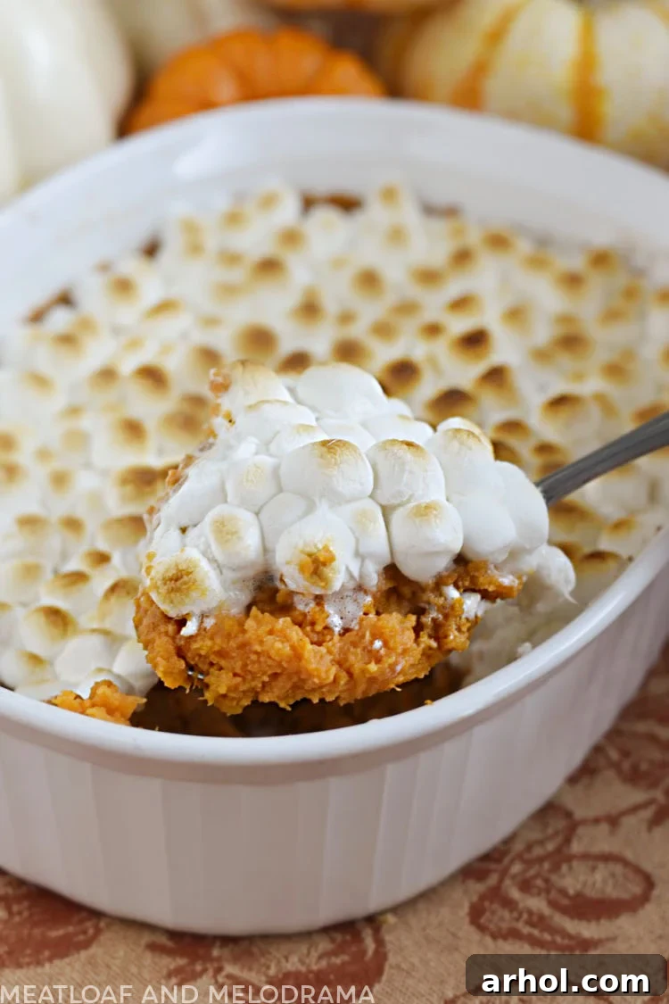 A close-up shot of a serving spoon piled high with sweet potato casserole, featuring incredibly fluffy and perfectly broiled marshmallows.
