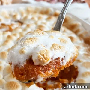 Eggless sweet potato casserole with marshmallows on a serving spoon, perfectly golden and ready.