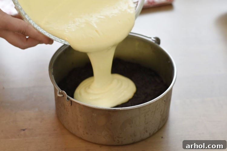 pour peppermint cheesecake filling over oreo cookie crust in springform pan