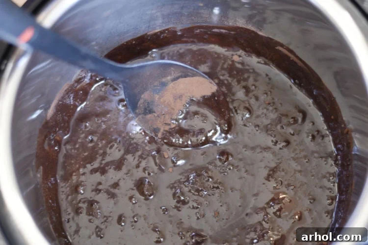 Velvety Smooth Instant Pot Hot Chocolate 3 Stirring cocoa powder with water in the Instant Pot, forming a thick, rich chocolate base for hot cocoa.