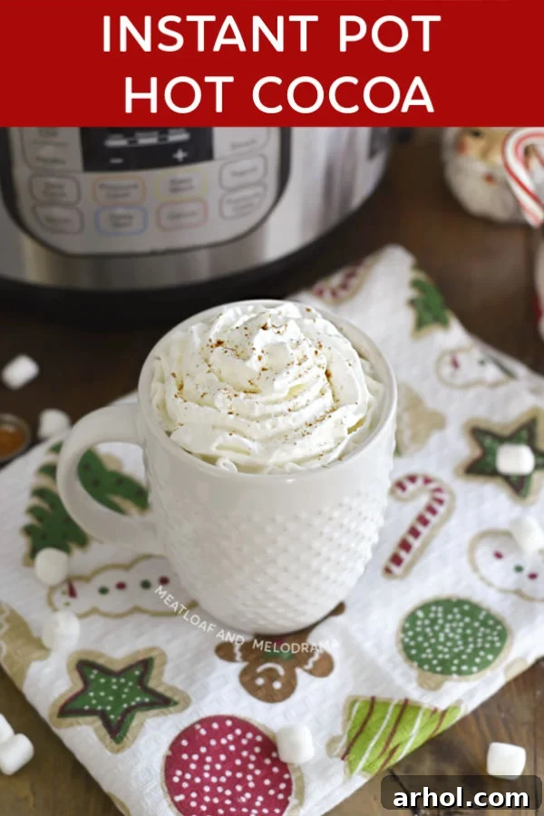 Velvety Smooth Instant Pot Hot Chocolate 7 Close-up of Instant Pot hot chocolate in a white mug, garnished with mini marshmallows and a chocolate swirl.