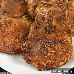 Dry rubbed air fryer pork chops on a platter