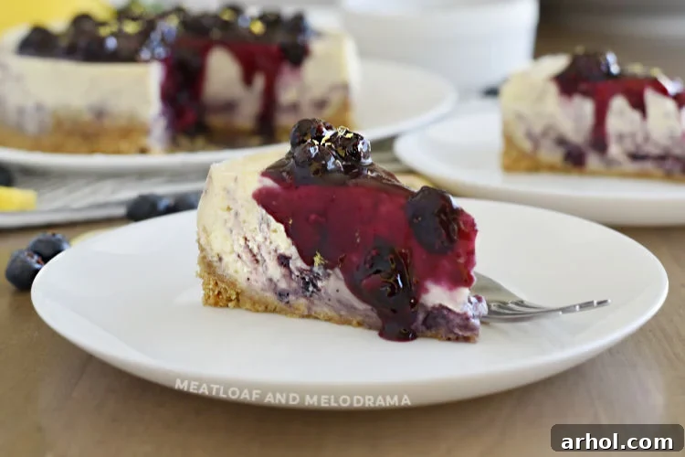 A beautiful slice of Instant Pot Lemon Blueberry Cheesecake with blueberry sauce on top and sides, ready to be enjoyed.