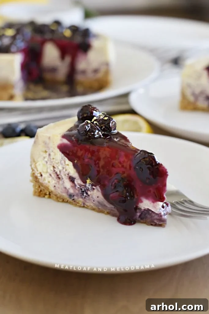 A delectable slice of cheesecake showcasing its blueberry swirl and generous blueberry topping on a pristine white plate.