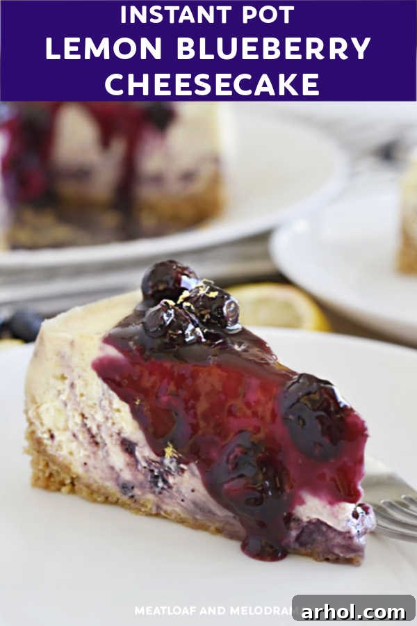 A close-up view of a perfect slice of blueberry lemon cheesecake, highlighting the texture and topping.