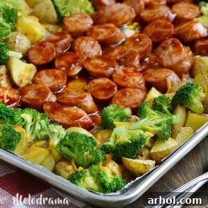 Sheet pan BBQ smoked sausage dinner with broccoli and potatoes