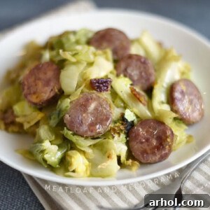 Pan fried kielbasa and cabbage on a white plate