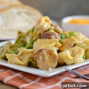 Instant Pot creamy kielbasa tortellini pasta dinner on plate