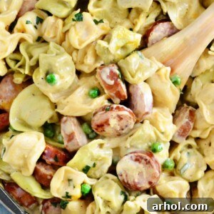 One-pot creamy kielbasa tortellini recipe on a plate