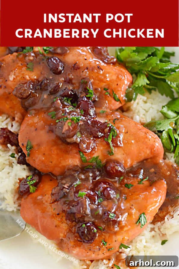 close up of instant pot cranberry chicken on a platter