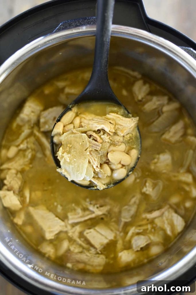 A ladle scooping hot pork chili verde from an Instant Pot, showing its rich texture