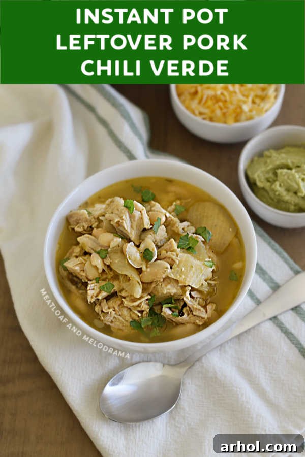 Leftover Pork Chili Verde in a white bowl with beans, garnished and ready for toppings