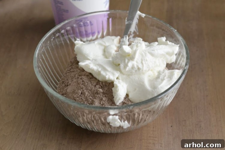 mix yogurt and chocolate cake mix in a mixing bowl