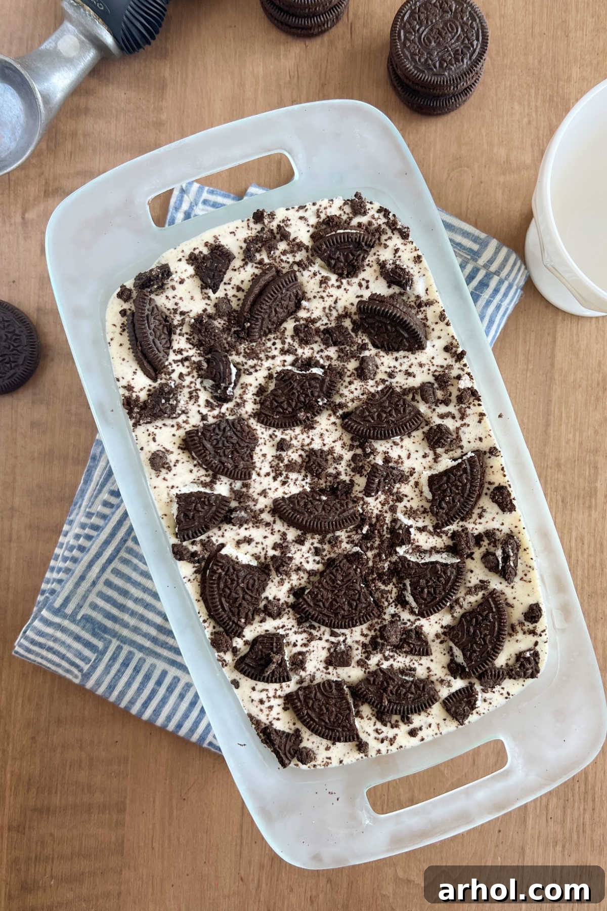 Delicious 3-ingredient Oreo ice cream with whole Oreo cookies on top, ready to be served.