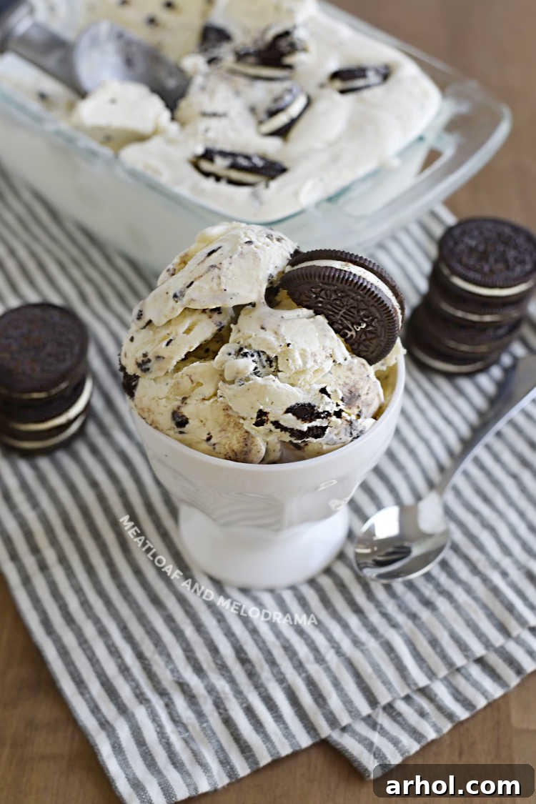 A bowl of homemade no-churn ice cream with chocolate sandwich cookies, perfectly scooped and ready to enjoy.