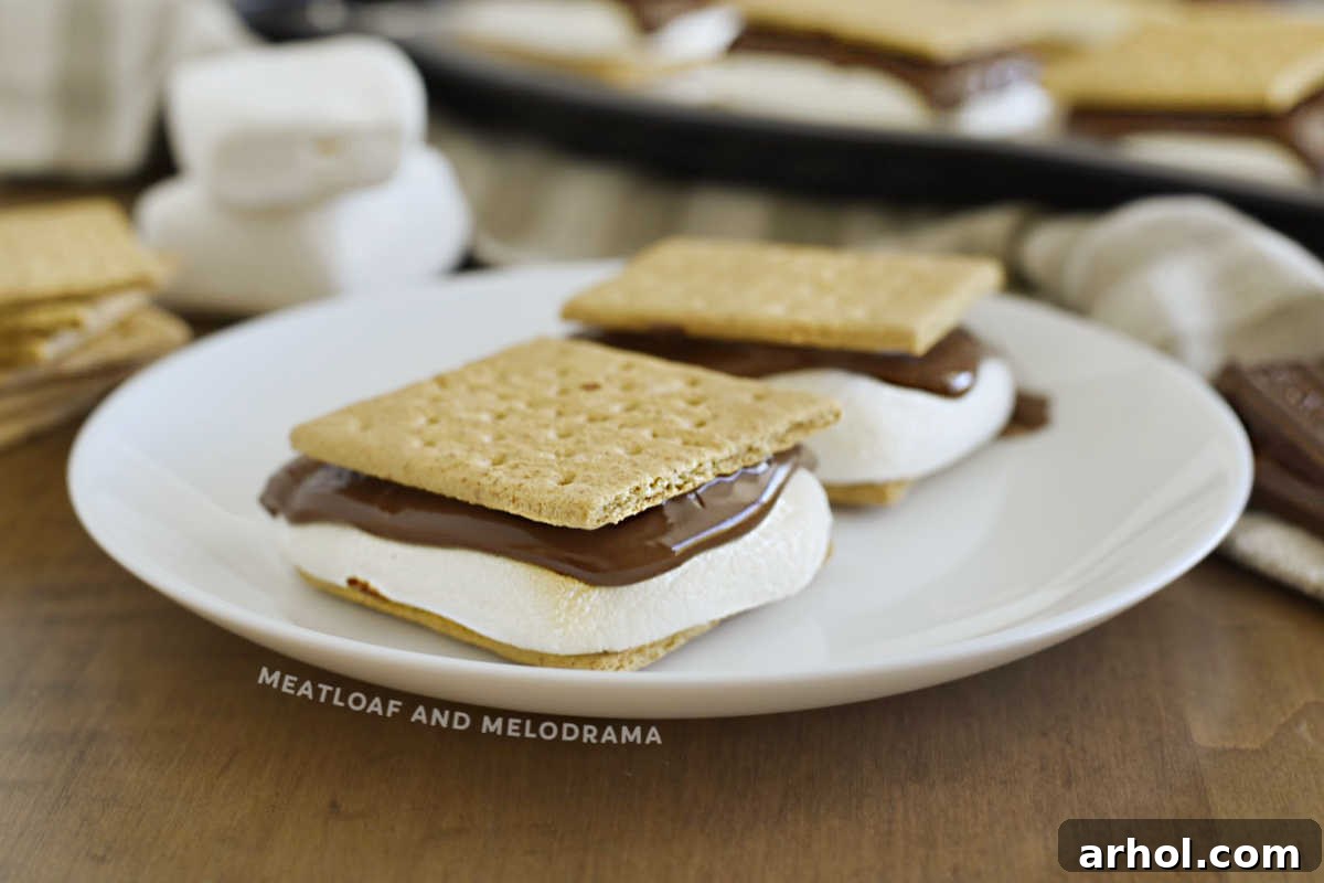 Perfectly baked s'mores featuring golden-brown marshmallows, melted milk chocolate, and crisp graham crackers, served on a white plate, ready to be enjoyed.