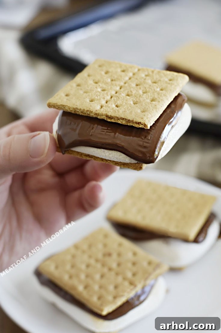 A hand holding a freshly made s'more, showcasing the melting chocolate and gooey marshmallow as it's pulled apart, emphasizing its irresistible texture.