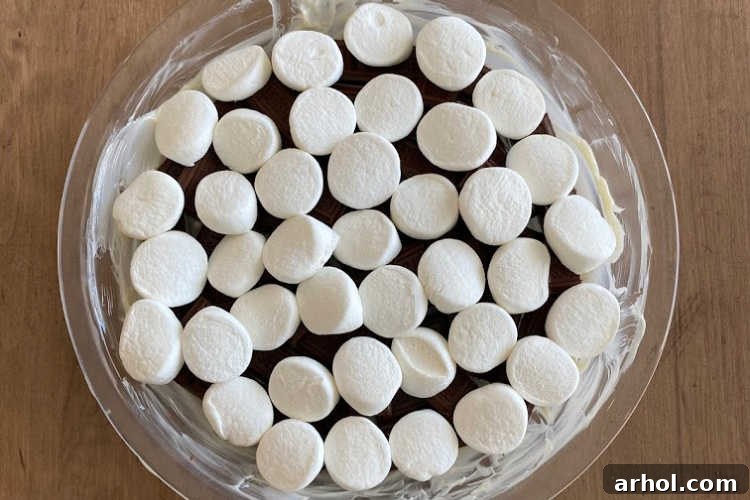marshmallows over chocolate bars in glass pan