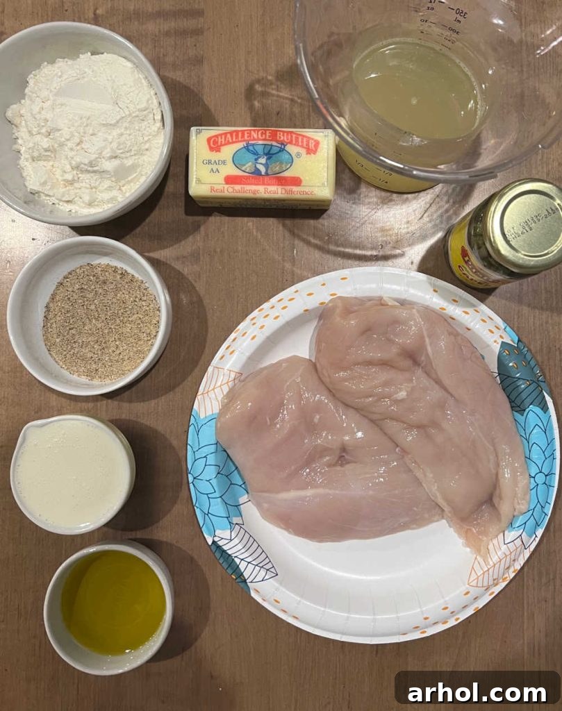 Ingredients for chicken piccata: chicken cutlets, flour, seasonings, butter, lemon juice, white wine, capers, and cream.
