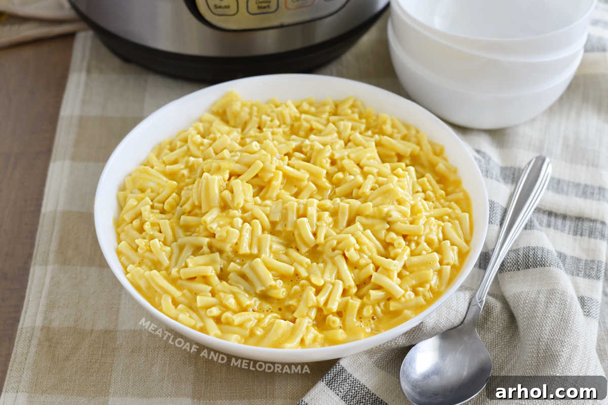 Creamy Instant Pot Kraft Mac and Cheese 11 A bowl of creamy Kraft Mac and Cheese placed in front of an Instant Pot, symbolizing ease and quick cooking.