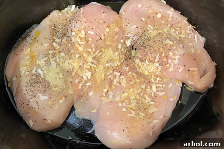 Seasoned chicken breasts arranged in the bottom of a slow cooker with chicken broth