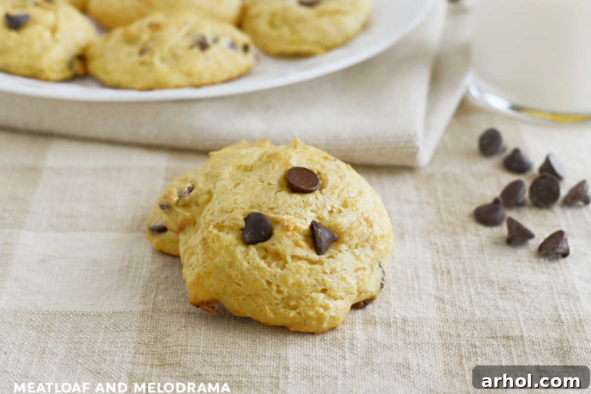 Delicious cake mix banana cookies with chocolate chips arranged artfully on a wooden table, ready to be enjoyed.