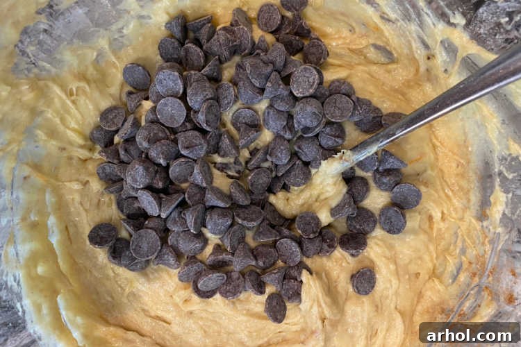 A mixing bowl filled with creamy banana cookie batter, generously studded with semi-sweet chocolate chips, ready for baking.