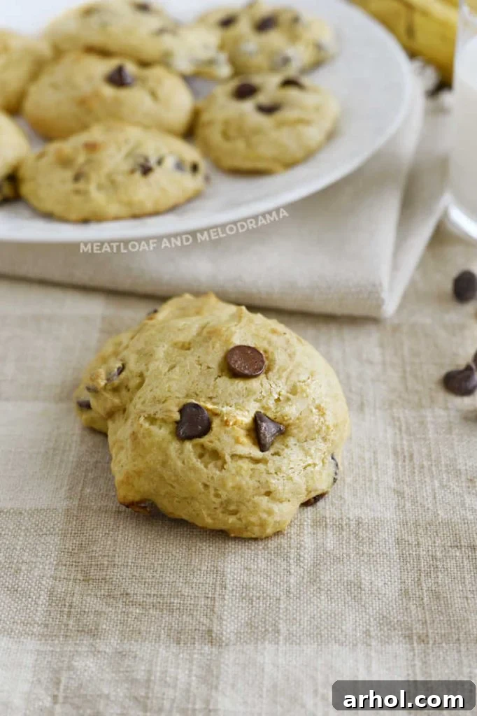 A single, perfectly baked cake mix banana cookie with visible chocolate chips, sitting invitingly on a wooden surface.