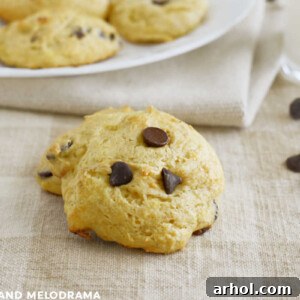 A close-up of a delicious banana cookie made with cake mix and studded with chocolate chips, presented on a plate.
