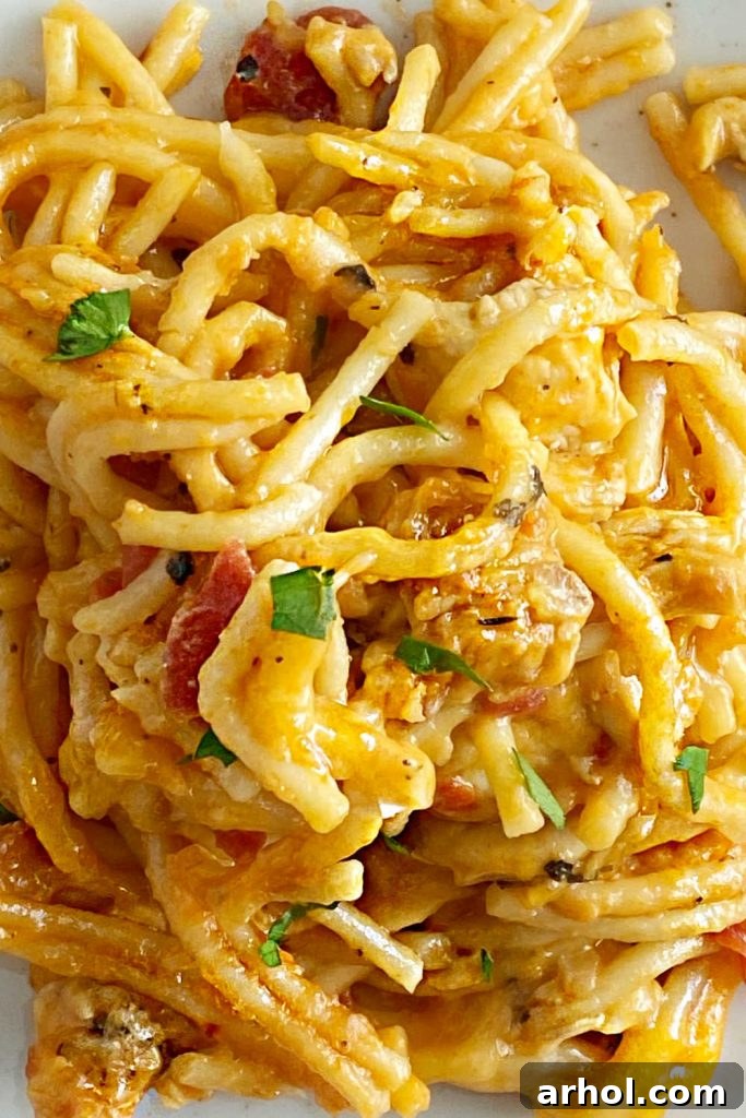 Creamy Instant Pot Chicken Spaghetti 8 Close-up shot of creamy, cheesy Instant Pot chicken spaghetti noodles, highlighting the texture and rich sauce.