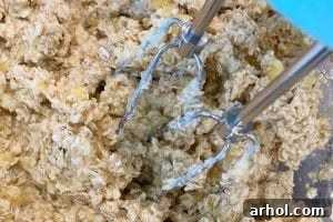 Mixing oats with butter, sugar, and egg in a bowl for the cookie dough base