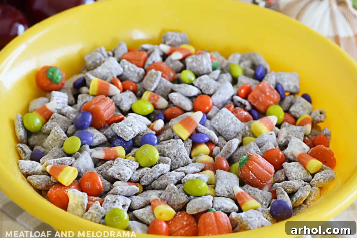 bowl of chex cereal puppy chow with fall and halloween candy
