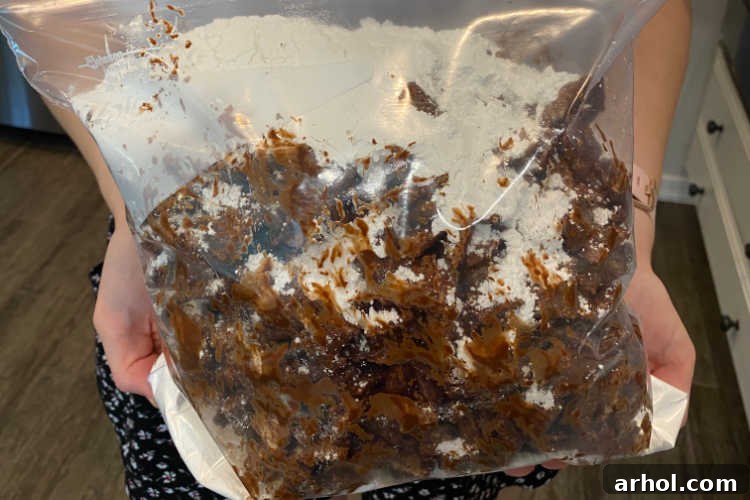 chex cereal with chocolate and powdered sugar in large freezer bag