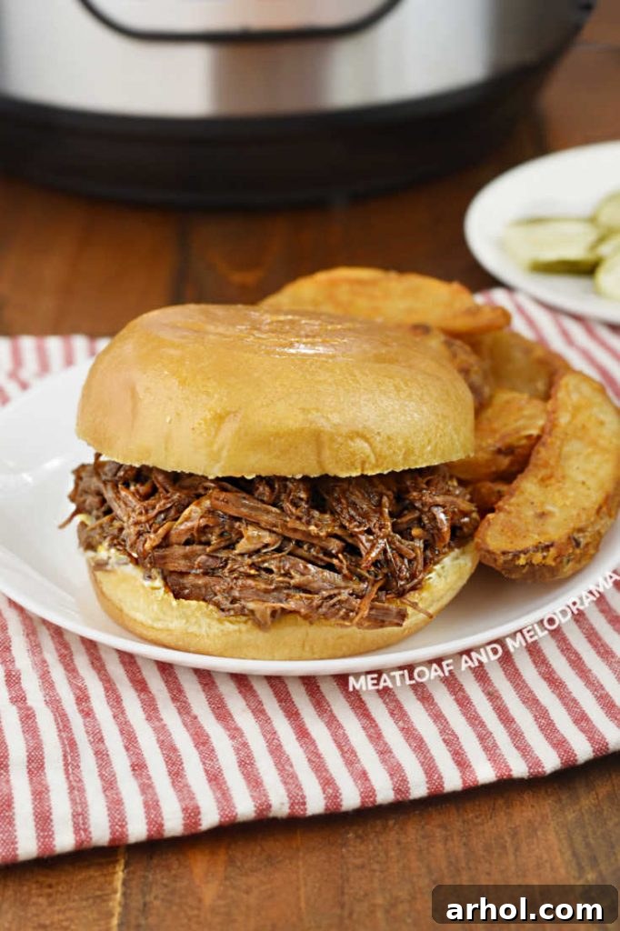 A delicious BBQ beef sandwich with a side of crispy fries on a plate, showcasing the tenderness of the shredded beef.