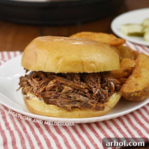 Instant Pot shredded BBQ beef sandwich on a plate with steak fries