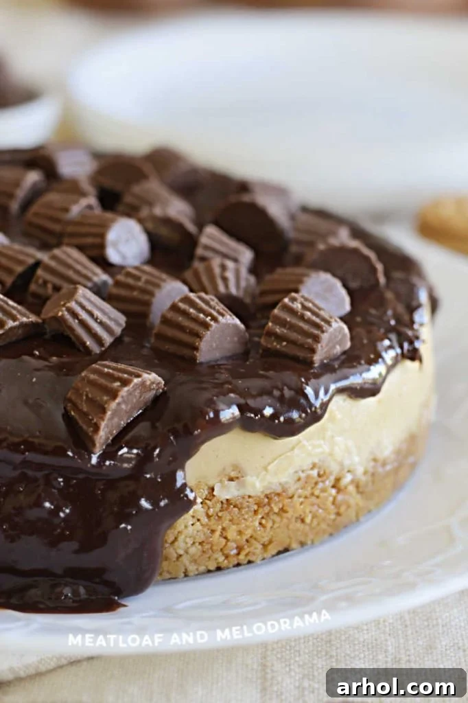 peanut butter cup cheesecake with chocolate topping and mini reese's cups on a platter