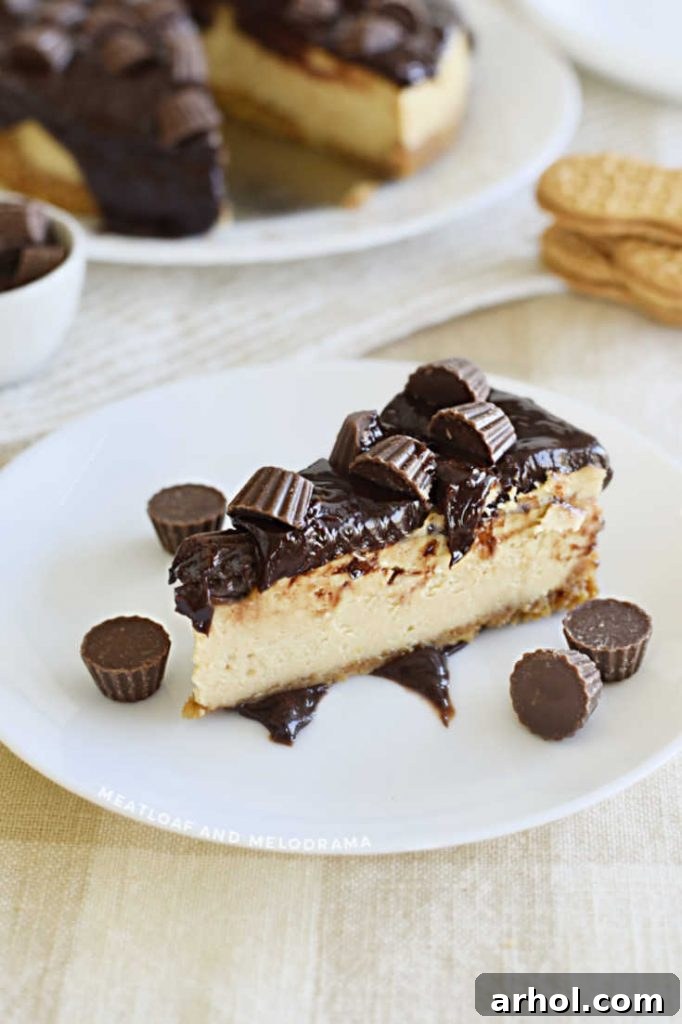 slice of cheesecake with peanut butter cups on a white plate