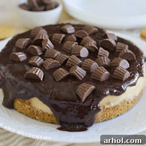 Instant Pot peanut butter cheesecake with chocolate ganache and peanut butter cups on top