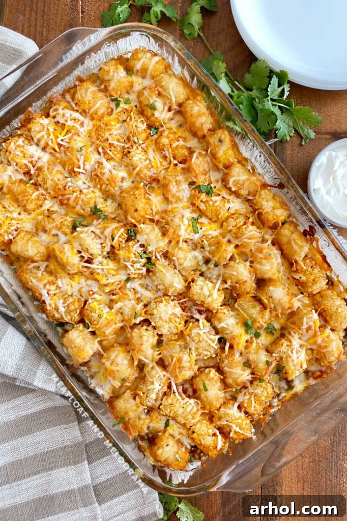 baked hot dish with taco meat and tater tots on the table
