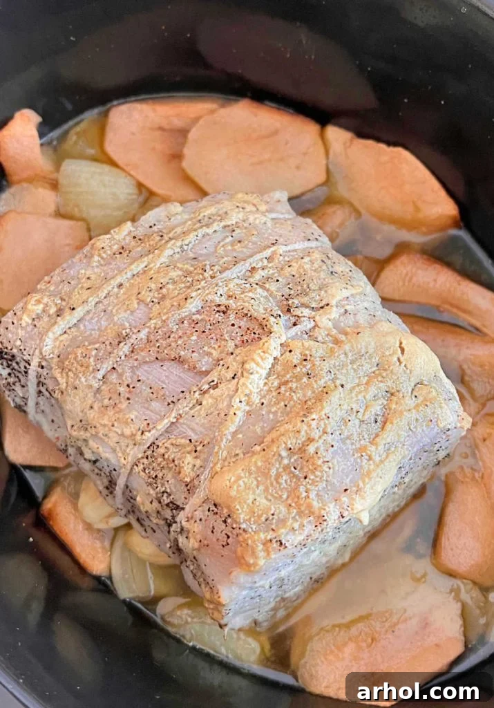 Perfectly slow-cooked pork roast with tender apples, onions, and garlic still in the Crock-Pot, showcasing its juicy tenderness.