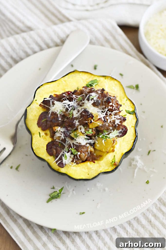 Baked acorn squash with Italian sausage, apples and cranberries on a white plate