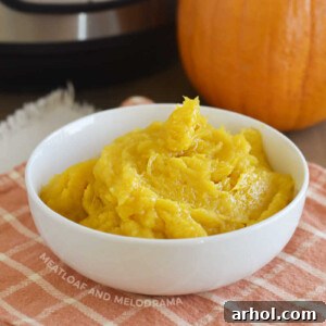 bowl of cooked pumpkin puree with instant pot pressure cooker and whole sugar pumpkin in background
