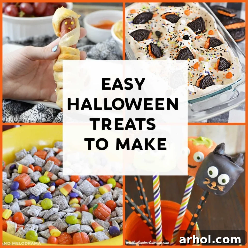 A collage of various homemade Halloween treats including mummy dogs, monster munch, marshmallow pops, and more festive goodies.