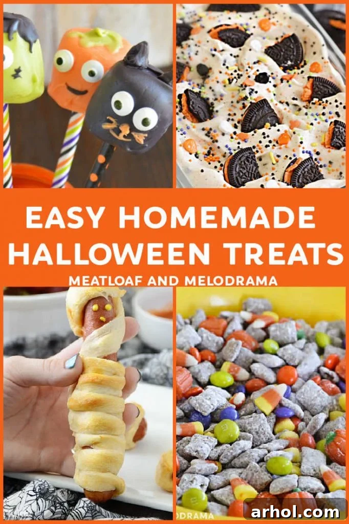 A collage of various homemade Halloween party treat recipes, highlighting the fun and festive nature of the dishes.