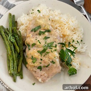 boneless crock pot pork chop on plate with green beans and rice